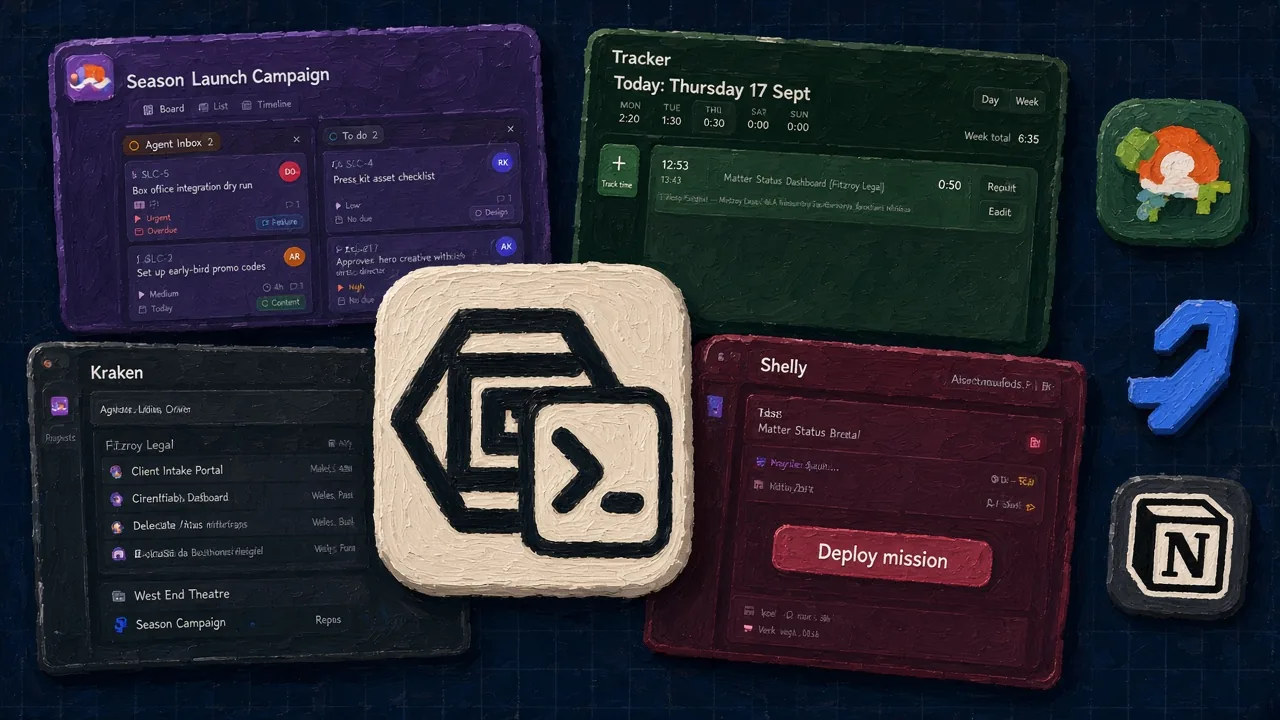 Painted constellation of Tides, TurtleTime, Kraken and Shelly panels around the ShellStack hex-and-terminal icon