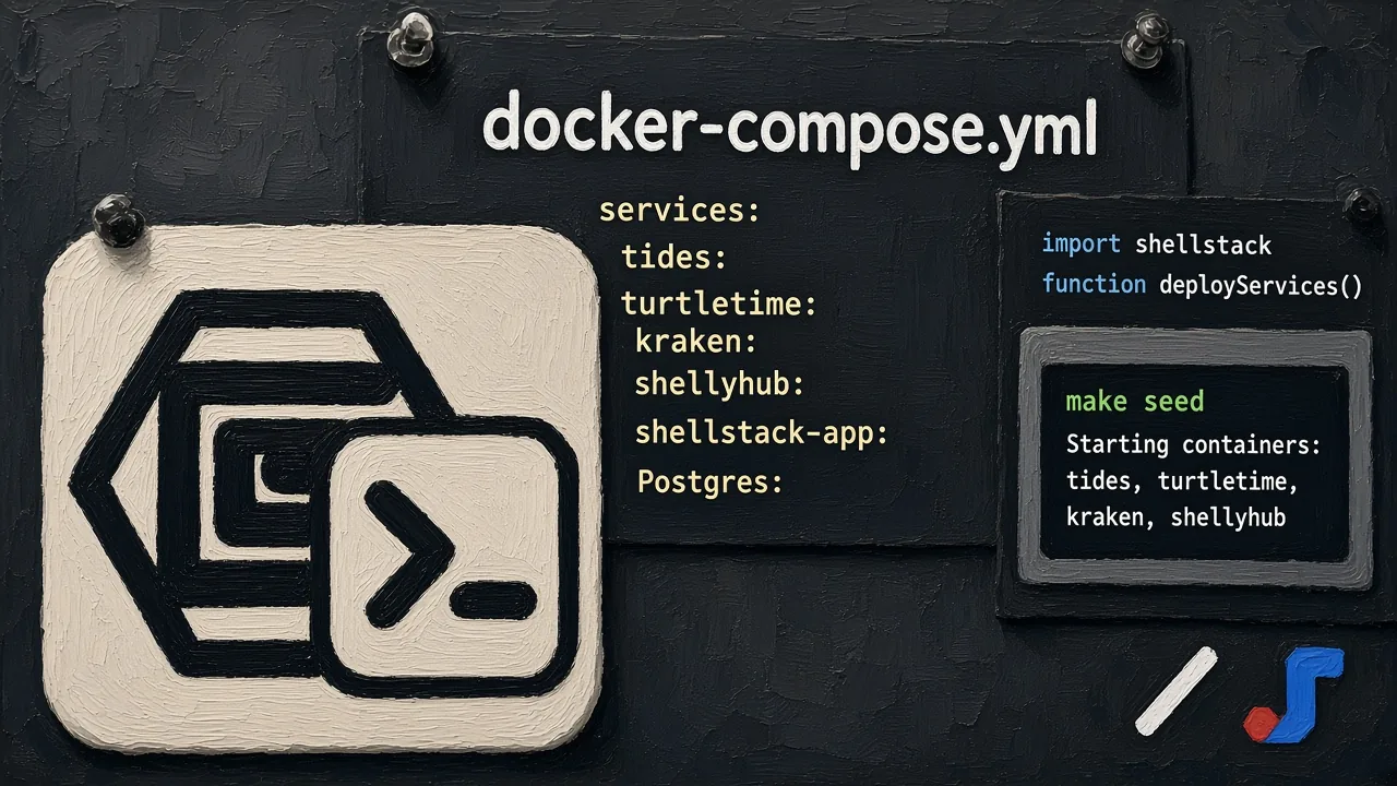 Painted docker-compose and source pinned to a wall, with the ShellStack hex-and-terminal icon