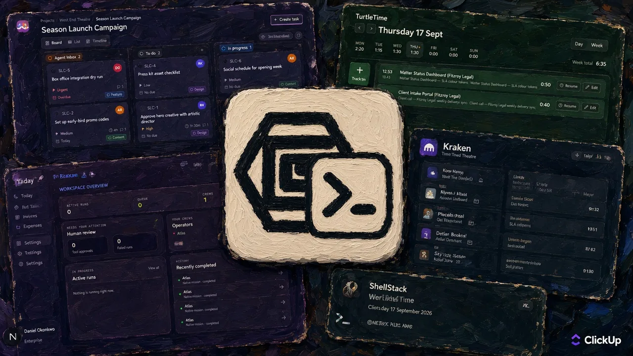 Painted overlapping Tides, TurtleTime, Kraken and Shelly windows on one organisation grid