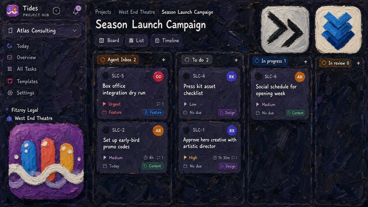 Painted Tides board for Season Launch Campaign, Agent Inbox column, with the Tides icon larger than Linear and Jira