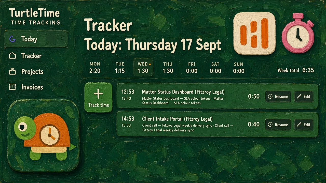 Painted TurtleTime week blotter with the turtle-clock icon larger than Harvest’s orange H